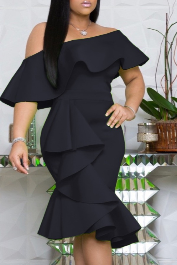 

lovely Trendy Flounce Design Black Knee Length Dress