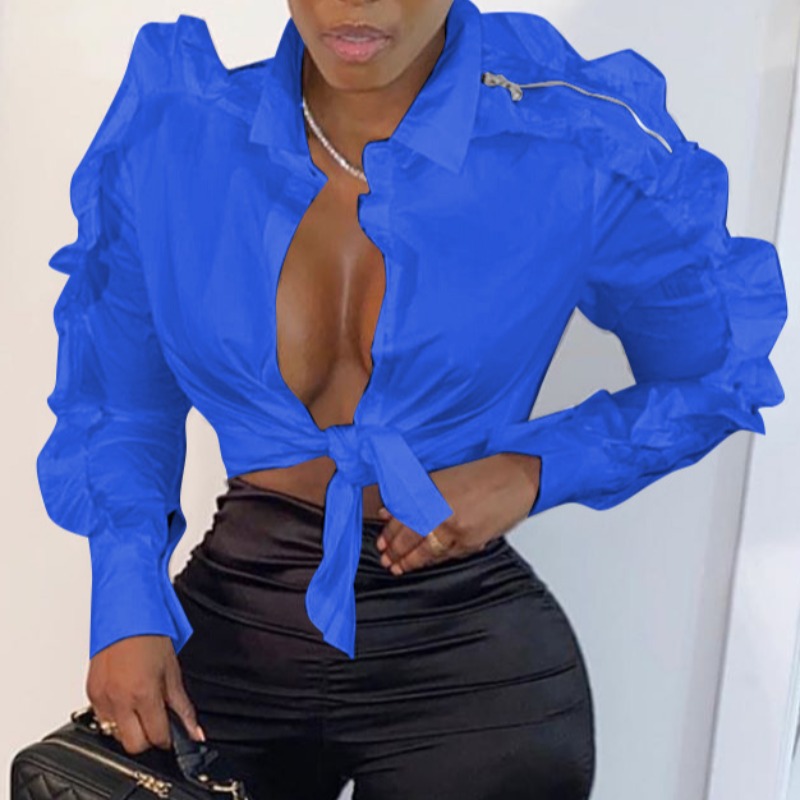 

lovely Sweet Turndown Collar Flounce Design Dark Blue Blouse