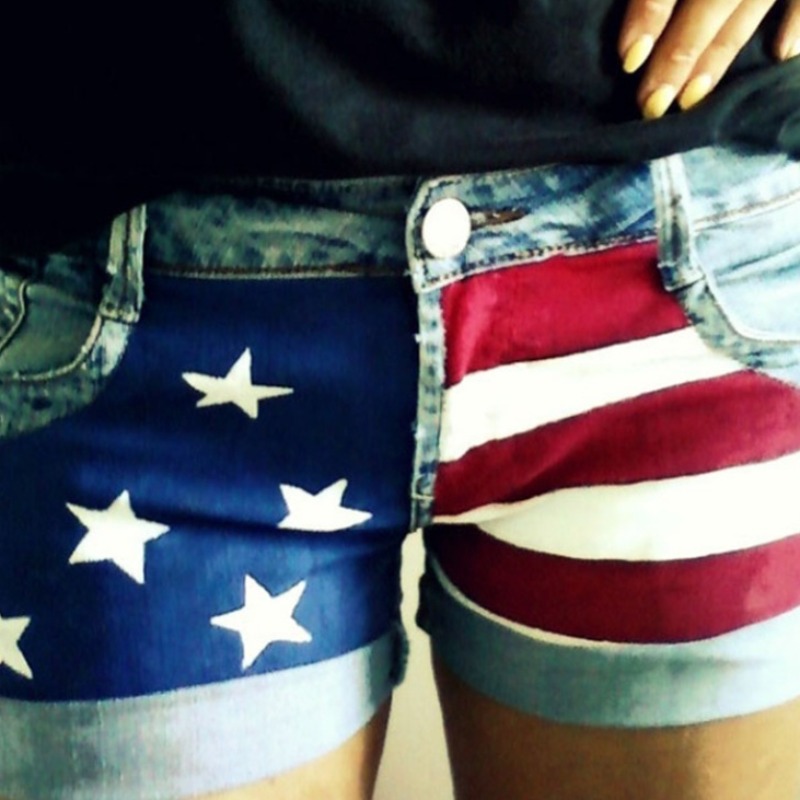 

lovely Independence Day Casual Print Patchwork Blue Plus Size Denim Shorts