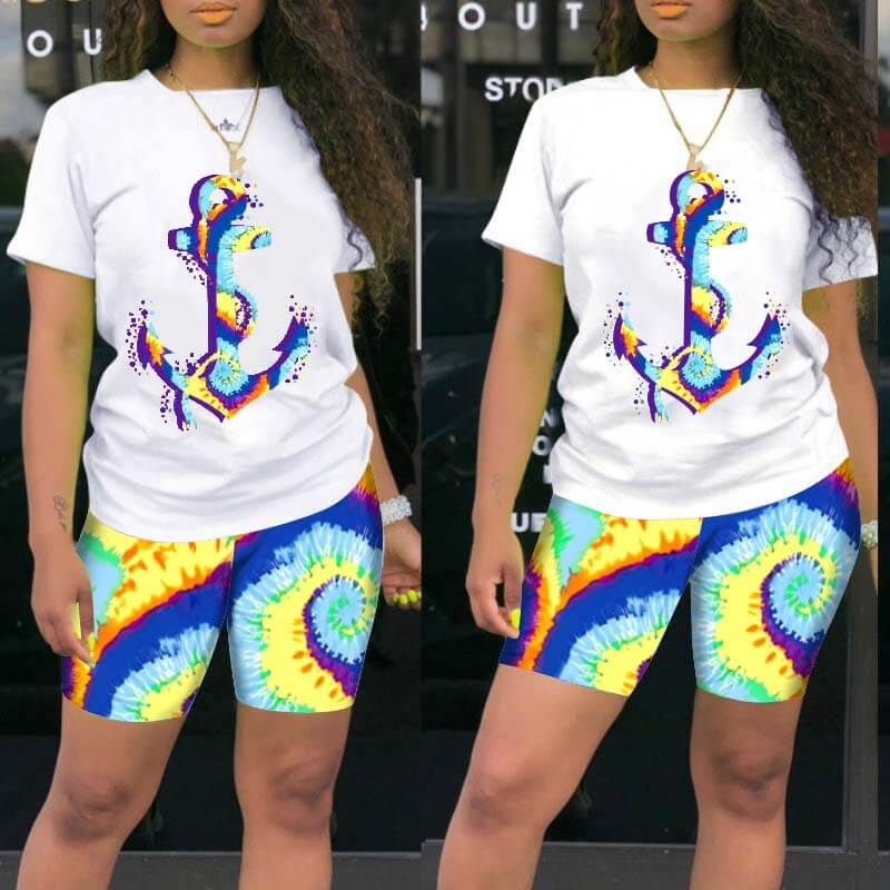 

Lovely Casual O Neck Print Blue Two-piece Shorts Set