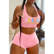 lovely Sexy U Neck Letter Print Pink Two-piece Sho