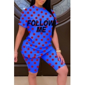 lovely Casual O Neck Dot Blue Two-piece Shorts Set