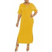 lovely Casual O Neck Side Split Yellow Mid Calf Dr