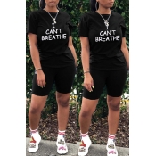 lovely Casual O Neck Letter Print Black Two-piece 