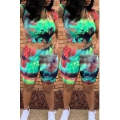 lovely Casual Tie-dye Green Two-piece Shorts Set