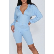 lovely Sportswear Zipper Design Blue Two-piece Sho