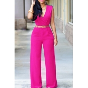 lovely Stylish V Neck Rose Red One-piece Jumpsuit(