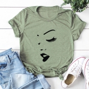 lovely Casual O Neck Print Green T-shirt