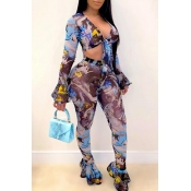 Lovely Sexy Print Blue Two-piece Pants Set