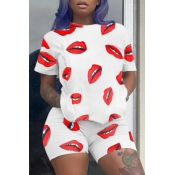 lovely Casual Lip Print White Two-piece Shorts Set