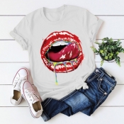 Lovely Casual O Neck Lip Print Apricot T-shirt