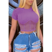 Lovely Stylish O Neck Patchwork Purple Blouse