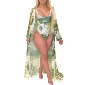 LW Print Yellow One-piece Swimsuit(With Cover-up)