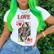 Lovely Casual O Neck Print Creamy White Plus Size 