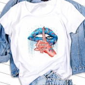 lovely Casual O Neck Lip Print Blue T-shirt