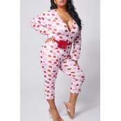 lovely Casual Lip Print White Plus Size One-piece 
