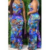 lovely Bohemian U Neck Print Deep Blue Maxi Dress