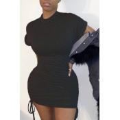 lovely Casual O Neck Fold Design Black Mini Dress