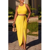 lovely Casual Fold Design Yellow Two-piece Skirt S