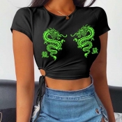 lovely Street O Neck Print Black T-shirt