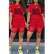 lovely Street Letter Print Red Two-piece Shorts Se