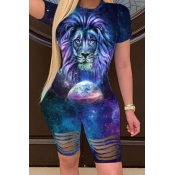 LW Street O Neck Print Blue Two-piece Shorts Set