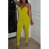 lovely Sexy Fold Design Yellow One-piece Jumpsuit