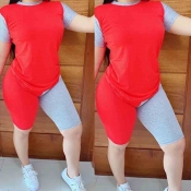 lovely Casual O Neck Patchwork Red Two-piece Short