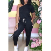Lovely Casual One Shoulder Lace-up Black One-piece