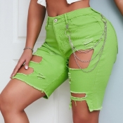 lovely Trendy Hollow-out Green Denim Shorts