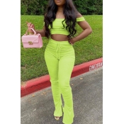 Lovely Casual Dew Shoulder Green Two-piece Pants S