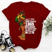 Lovely Street O Neck Letter Print Red Plus Size T-