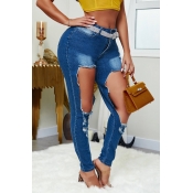 lovely Trendy Hollow-out Blue Jeans