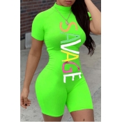 Lovely Sportswear Letter Print Green One-piece Rom