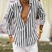 Lovely Men Casual Turndown Collar Striped Grey Shi
