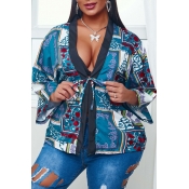 lovely Vintage V Neck Print Green Blouse