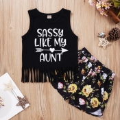lovely Casual Letter Print Black Girl Two-piece Sh