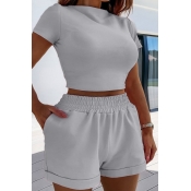 Lovely Casual Skinny Grey Two-piece Shorts Set