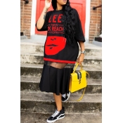 lovely Street Letter Print Patchwork Red Mid Calf 