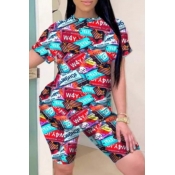 lovely Trendy O Neck Letter Print Red Two-piece Sh