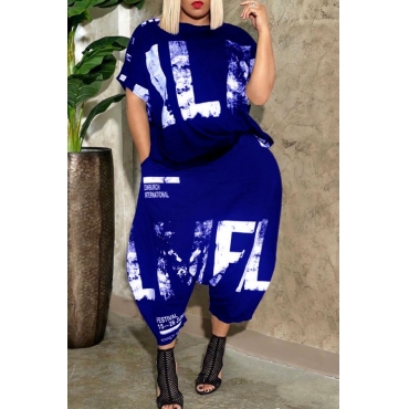 

LW Plus Size Graffiti Letter Print Harlan Pants Set, Blue