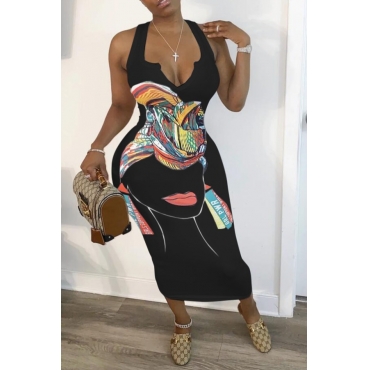 

Lovely Street Print Black Mid Calf Dress