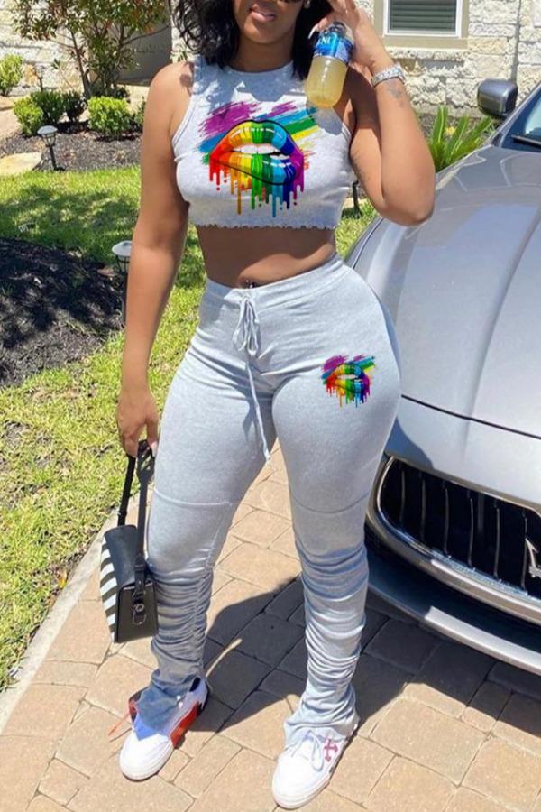 

lovely Leisure Lip Print Grey Two Piece Pants Set