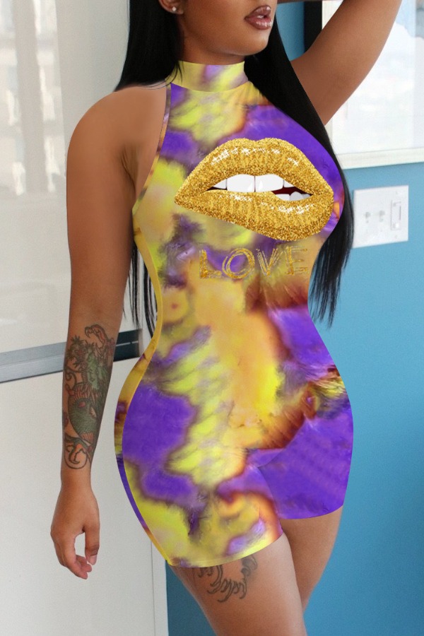 

lovely Trendy Lip Tie-dye Yellow One-piece Romper