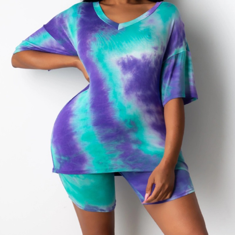 

lovely Sportswear V Neck Tie-dye Green Plus Size Two-piece Shorts Set