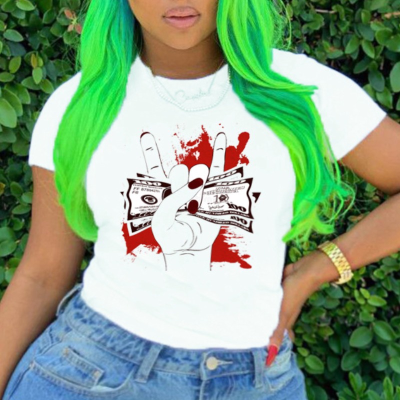

lovely Leisure O Neck Print White Plus Size T-shirt