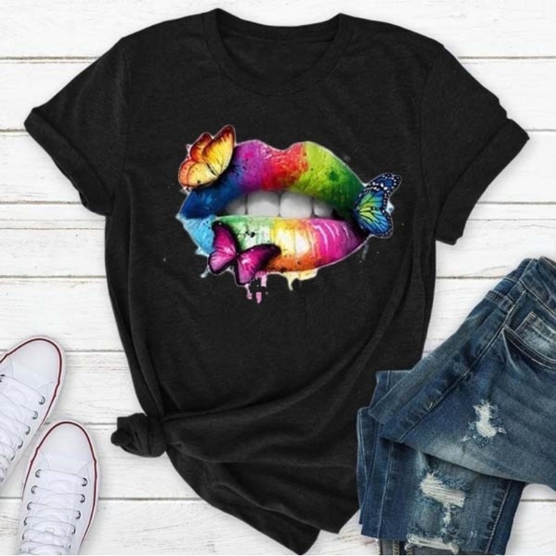 

lovely Leisure O Neck Lip Print Black Plus Size Tshirt
