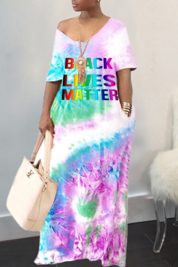 

lovely Casual V Neck Tie-dye Purple Maxi Plus Size Dress