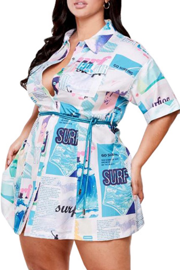 

lovely Stylish Turndown Collar Letter Print Blue Plus Size Blouse