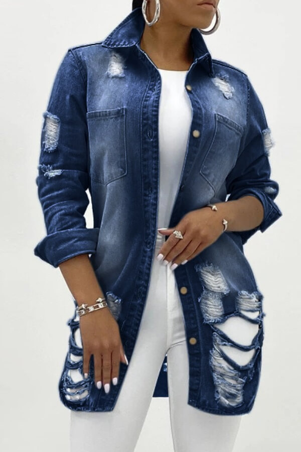 

LW Turndown Collar Ripped Denim Jacket (No Stretch), Deep blue